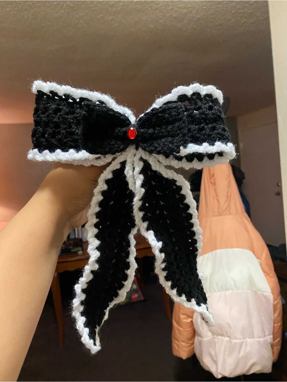 Handmade Black & White Crochet Bow Scarf Accent